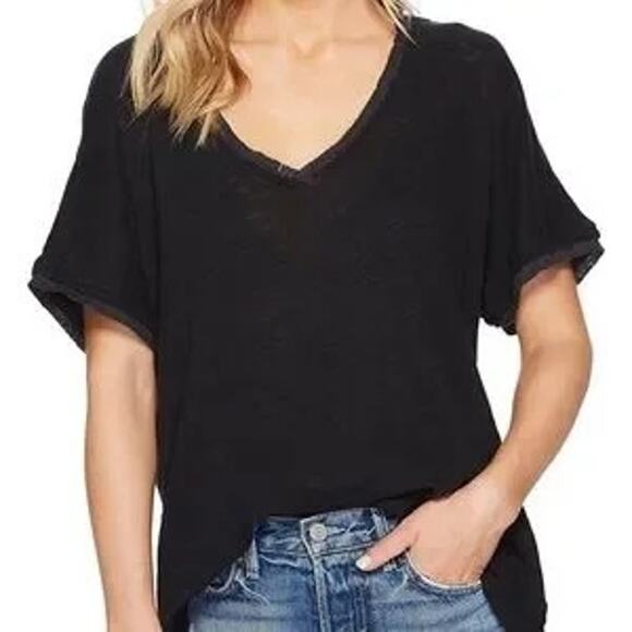 Free People Short Sleeve V Neck Linen Tee Shirt Top Black Small - Picture 1 of 6